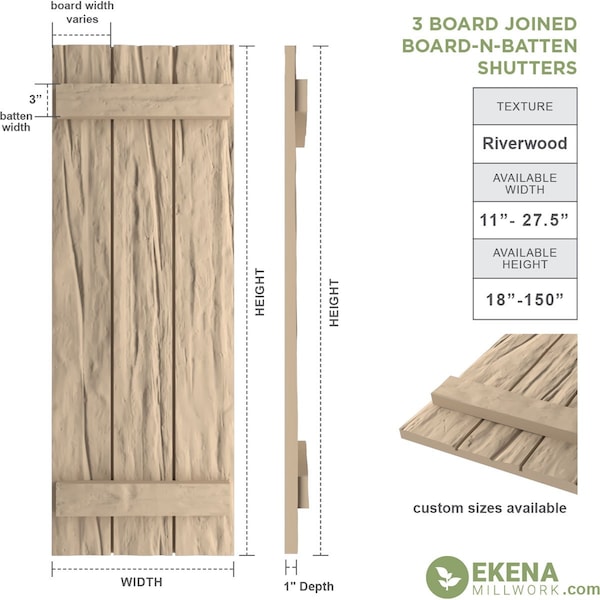 Rustic Three Board Joined Board-n-Batten Riverwood Faux Wood Shutters, 16 1/2W X 46H